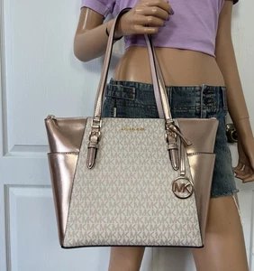 Michael Kors Charlotte Large Signature Logo Metallic Top Zip Tote Bag Rose Gold - Picture 1 of 13