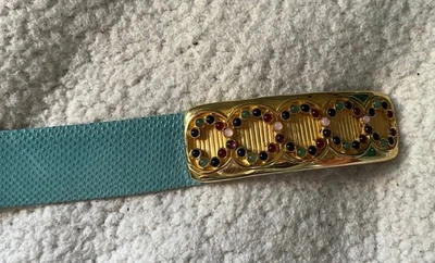Vintage Judith Leiber Snakeskin Adjustable Blue Leather Belt Gold Buckle - Image 1 of 4