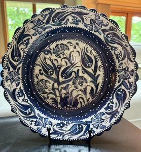 Kutahya Turkish Hand Painted Ceramic Wall Plate 10” Blue White Tulips - Picture 1 of 4