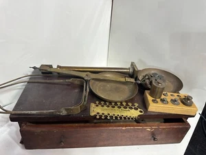 Antique Wooden Handcrafted Jeweler Gold Measuring Brass Weight Scales Tool Box - Picture 1 of 17