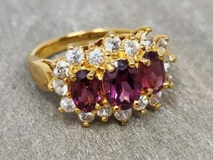Orissa Rhodolite Garnet & Clear CZ Ring Gold Vermeil over 925 Sterling Size 6.5 - Picture 1 of 15