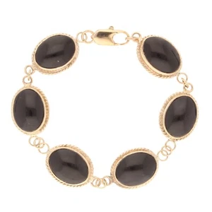 9Carat Yellow Gold 6.75" Cabochon Whitby Jet Bracelet (13mm Wide) - Picture 1 of 4