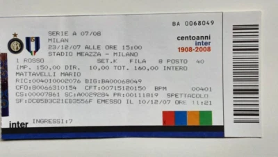 BIGLIETTI STADIO DERBY  INTER  MILAN 22-12-2007 PERFETTO TRIPLETE ZANETTI - Immagine 1 di 2