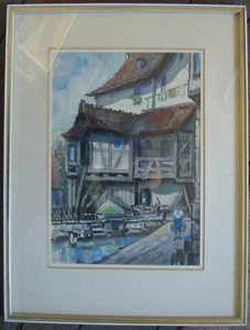 Watercolor Tubingen Monastery Signed Hübner °Half-timbered Old Town Nunnery - Picture 1 of 7