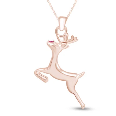 Collar Colgante Reno Oro Rosa Sólido 10K Rubí Rojo Simulado, Cadena 18" Foto 1 de 4