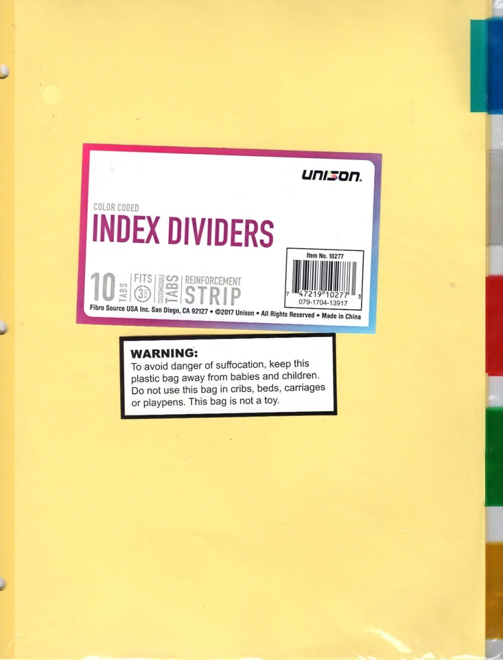Unison 10-Tab Binder Dividers Insertable Multicolor Tabs 3-Hole Punched, 1 Set - Image 1 of 1
