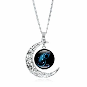Moon Shaped Zodiac Sign Necklace Horoscope Astrological Pendant with 17" Chain - Picture 1 of 33