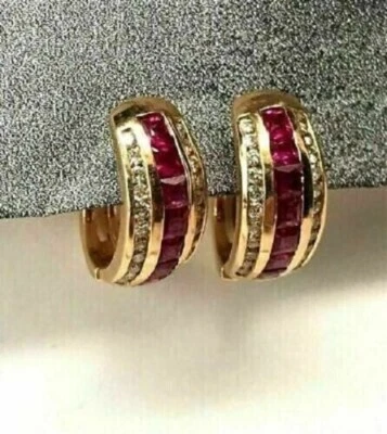 3Ct Lab Created Red Ruby Omega Back Huggie Hoop Earrings 14K Yellow Gold Plated - Image 1 of 4