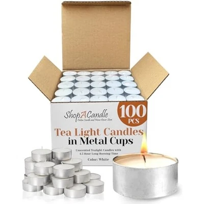 100 pack tealight candles in metal cups - clean, white unscented with  - Image 1 of 4