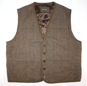 Orvis Vest Men's 2XL Wool Tweed Waistcoat Windowpane Checks Plaid Brown - Picture 1 of 11