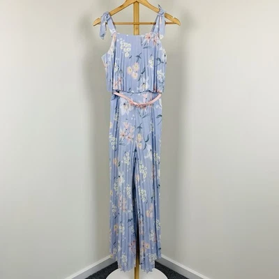 REVIEW Size 16 Womens Wide Leg Floral Jumpsuit Races Wedding Pleated Blue Belt - image 1 of 4