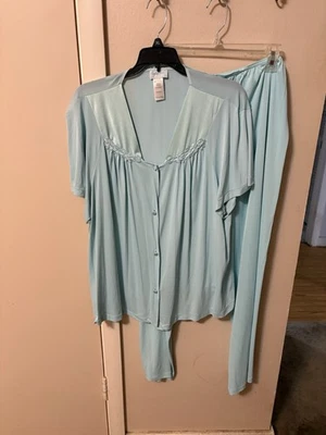 Conjunto de pijama vintage Vanity Fair azul bordado talla XL Top cintura elástica pantalones Foto 1 de 4