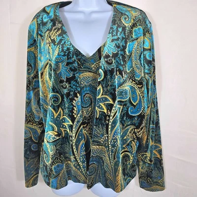 Conjunto Cárdigan Mujer XScape De Colección Talla XL Azul Pavo Real Dorado Paisley Cuello en V Terciopelo Foto 1 de 4