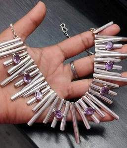 Vintage Style Natural Amethyst Gemstone Bib Necklace 925 Sterling Silver Jewelry - Picture 1 of 6