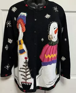 Vintage Quacker Factory Strickjacke 1x Schneemänner Weihnachten Winter Katze Schneeflocken - Bild 1 von 16