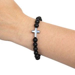 Volcanic Stone Cross Bracelet with LED, Magnetic or Brown Leather Gift Box - Picture 1 of 18