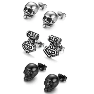 3 Pairs Mens Stainless Steel Gothic Skull Head Thor's hammer Ear Stud Earrings - Picture 1 of 5