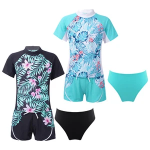 Girls Rash Guard 3-Piece Swimsuit Short Sleeve Top and Shorts Bikini Bottoms - Picture 1 of 38