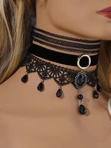 3pcs Hollow Out Choker Tassel Crystal Lace Necklace Elegant Jewelry Lace Jewelry - Picture 1 of 4