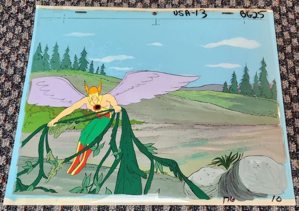 SUPERFRIENDS PRODUCCIÓN ANIMACIÓN CEL OF HAWKMAN SOBRE FONDO PINTADO A MANO Foto 1 de 1