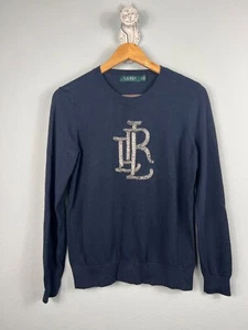 Lauren Ralph Lauren M Women's Sweater Navy Blue Beaded Logo Cotton Old Money - Picture 1 of 8
