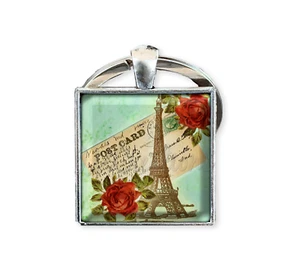 Eiffel Tower Paris Lovers - Handmade Square Glass KEY RING Keychain 25mm - Picture 1 of 5