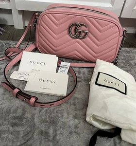 Gucci GG Small Marmont Bag Pastel Pink Leather Silver Hardware Crossbody NEW - Picture 1 of 12