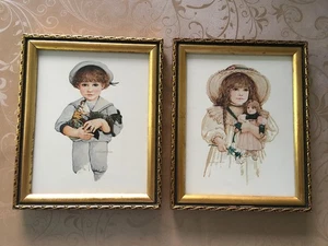 VTG Jan Hagara Wooden Framed Print Victorian Girl RACHAEL Boy JOE JOHN - Picture 1 of 4