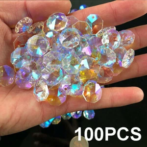 100* AB Octagonal Bead Rainbow Crystal Chandelier Suncatcher Prism Part Pendant - Picture 1 of 10