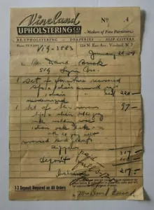 1951 Vineland Upholstering Co. Quittung Vineland, New Jersey - Bild 1 von 1