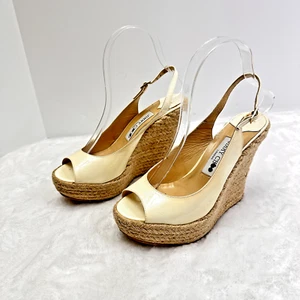 Jimmy Choo Patent Leather Espadrille Wedge Peep Toe Light Yellow Sandals SZ 37 - Picture 1 of 14