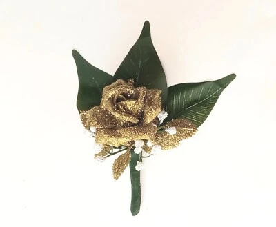 Gold Rose Pin Boutonniere Groom Best Man Prom Wedding Quinceanera Corsage Lapel - Image 1 of 4