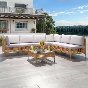 7 Pcs PE Wicker Patio Conversation Set for Backyard Deck Poolside Porch Outdoor - Picture 1 of 10