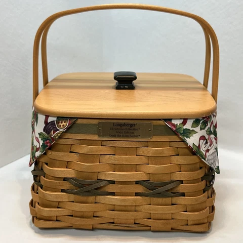 Longaberger 2000 Christmas Deck the Halls Basket-Sewing Box-Protector, Liner Cover
