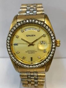 GRUEN PRESIDENT DAY QUARTZ GOLD DIAL HONG KONG MEN'S FULL WORKING - Picture 1 of 22