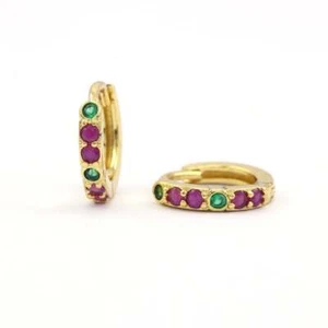 Natural Ruby and Emerald Women Huggie Hoop Earrings 10k Yellow Gold earrings - Picture 1 of 6