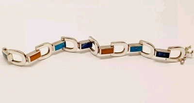 925 Sterling Silver Turquoise Lapis Lazuli Gemstone Panel Link Vintage Bracelet - Image 1 of 4