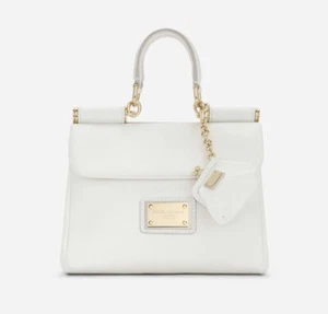 DOLCE & GABBANA White Leather Sicily Handbag Messenger Shoulder Top Handle Logo - Picture 1 of 10