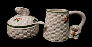 AVON PRODUCTS GLAZED CERAMIC COVERED SUGAR BOWL and CREAMER SET - BUNNIES!!! - Picture 1 of 16