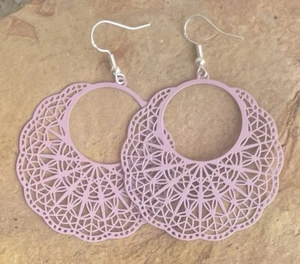 Light Pink Round Hollow Out Dangle Drop Earrings .925 Sterling Silver Ear Hooks - Picture 1 of 5