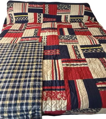 Nautica Surfside Patchwork Quilt KING Plaid Reversible 102x90" Red Blue Blanket - Image 1 of 4