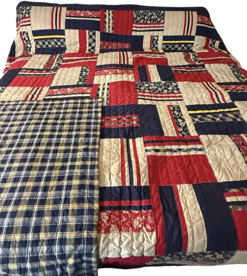 Nautica Surfside Patchwork Quilt KING Plaid Reversible 102x90" Red Blue Blanket - Image 1 of 4