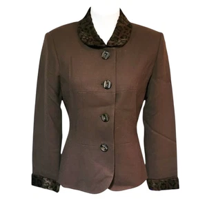 VINTAGE Kasper for ASL brown wool crepe faux fur collar & cuffs blazer size 6 - Picture 1 of 15