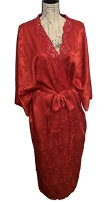 Vintage 90s Linda Bis Red Robe Lace Trim Rose Embossed One Size w/ Pockets - Picture 1 of 8