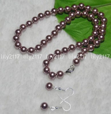 8mm Round Silver Champagne South Sea Shell Pearl Necklaces Earrings Set 14-36" - Image 1 of 4