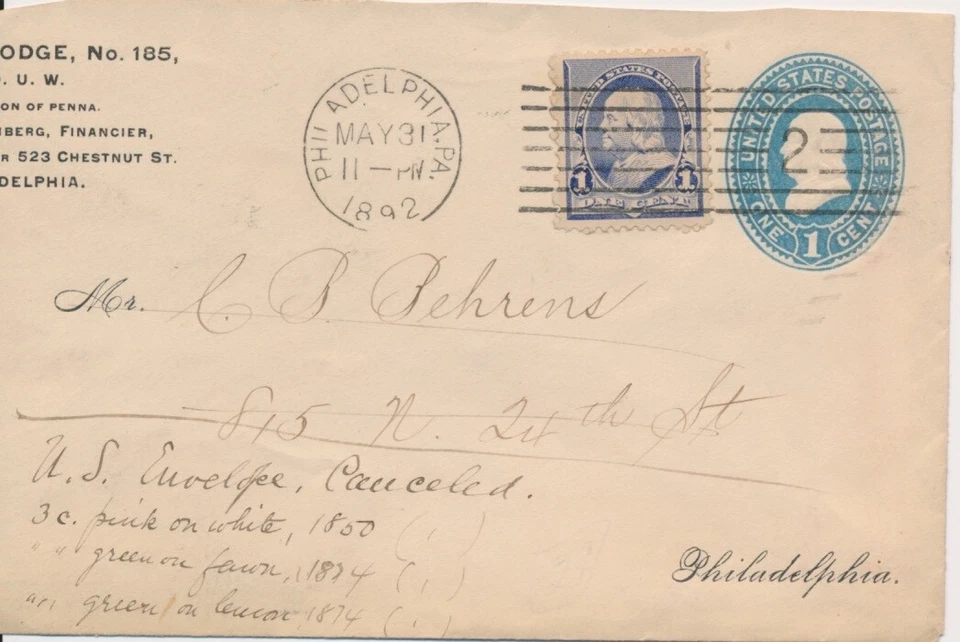 Order of United Workmen reduced envelope with 1c Ben Franklin combo Postal envel - Image 1 of 1