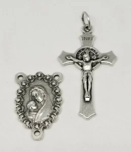 Rosary Findings #30 - St. Benedict Silver Crucifix (1.6 in) Madonna/Child Center - Picture 1 of 5