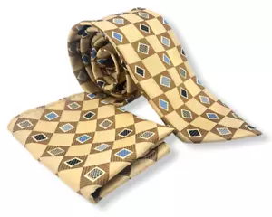 GIORGIO BRUTINI Necktie Tie with Handkerchief Diamond & Checker Pattern Gold - Picture 1 of 7