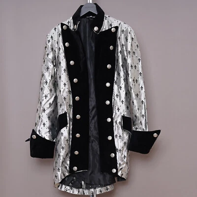 RAVEN Hombres Gótico Pirata Chaqueta Abrigo GRANDE Brocado Negro y Plata Steampunk sdl Foto 1 de 4