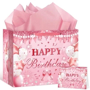 Pink Rose Gold Birthday Gift Bag Wrapping Paper Card Party Supplies Women - Picture 1 of 7
